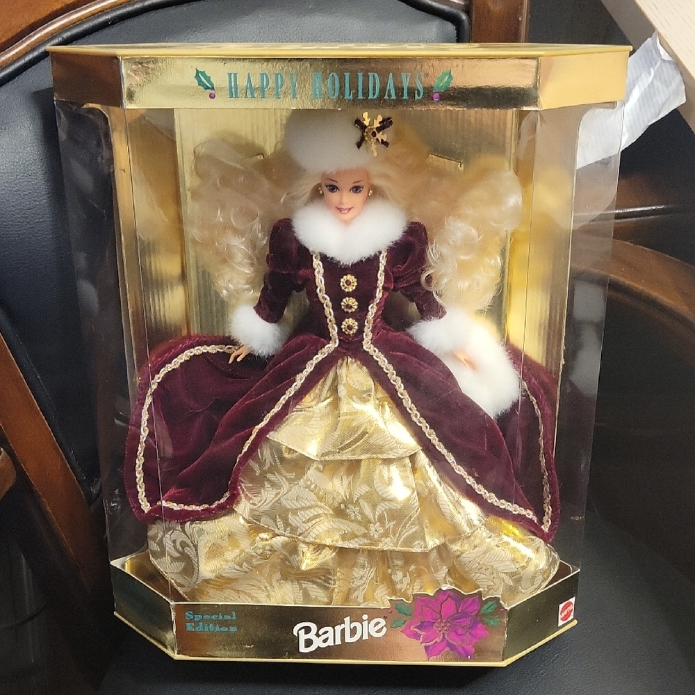 Barbie Happy Holidays Doll with Burgundy and Gold Dress